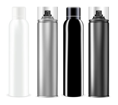 Spray can. Chrome deodorant spray bottle mockup. Aluminium tube for hairspray, mist freshener container, silver vector packaging design. Toilet refresher tin, sprayer template isolated