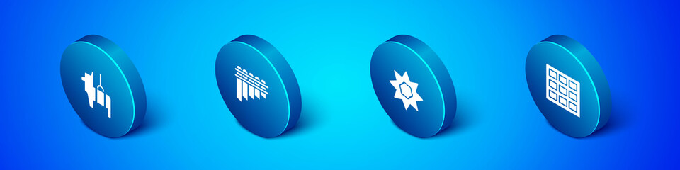 Set Isometric Pinata, Sun, Chocolate bar and Pan flute icon. Vector