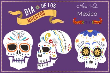 Invitation card banner, celebrate day of dead in mexico three skull, celebrating postcard dia de los flat vector illustration.