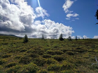landscape in the mountains with clouds and blue sky