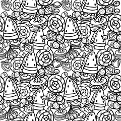 Seamless pattern with cake, cupcake, candy and other dessert with berry