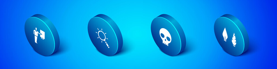 Set Isometric Museum guide, Human skull, Stone age arrow head and Magnifying glass icon. Vector