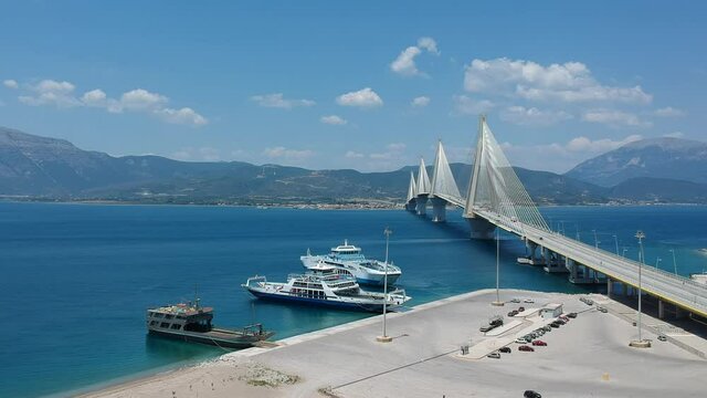 Aerial view of Rio Antirrio or Charilaos Trikoupis Bridge near Patra City, Greece