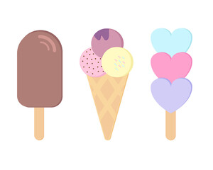 Ice cream set. Various ice cream, chocolate ice cream. ice cream cones. Vector graphics