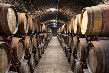 wine cellars with barrels, traditional wine called Bikaver near Eger, Hungary