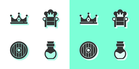 Set Poison in bottle, King crown, Round wooden shield and Medieval throne icon. Vector