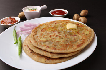 Traditional Indian food Aloo paratha or potato stuffed flat bread. served with pickle  tomato ketchup and curd, butter, onion, chili.
