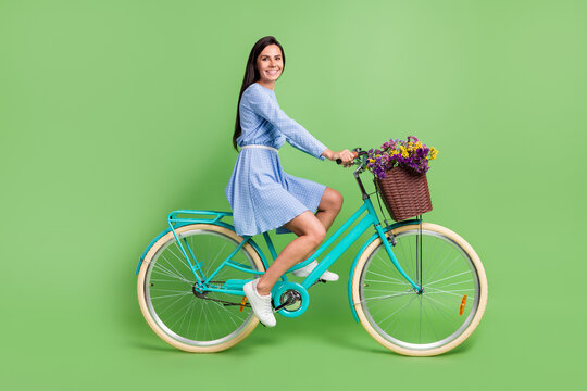 Full length profile photo of positive brown hair lady ride bicycle wear dress isolated on green background