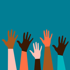 Hands of people of different nationalities and religions. Feminism concept design for cards, posters with blue background. Activists stick together. Voting in elections. 