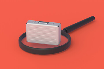 Metal suitcase near magnifying glass on red background. Search for office work. Detection of suspicious investments. Analysis of financial transactions. Finding investors. 3d render