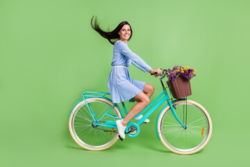 Photo of pretty funny young lady wear dotted clothes smiling driving bicycle isolated green color...
