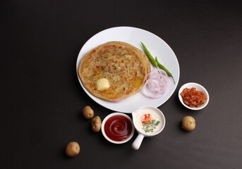 Traditional Indian food Aloo paratha or potato stuffed flat bread. served with pickle  tomato ketchup and curd, butter, onion, chili.