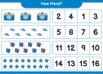 Counting game, how many Camera, Summer Hat, Starfish, and Passport. Educational children game, printable worksheet, vector illustration