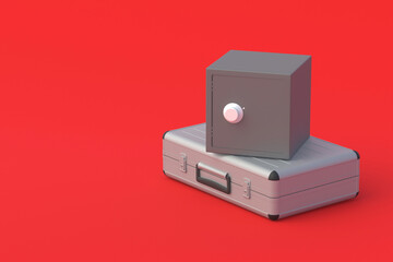 Obraz premium Metal suitcase near safe. Individual bank cells for storage secrecy documents or information. Trade secret. Investing in banking sector. Refinancing of financial institutions. Copy space. 3d render
