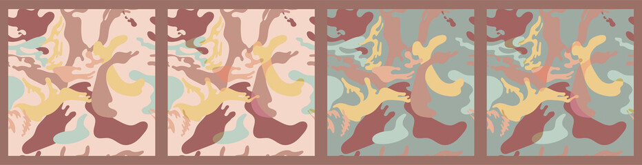 Abstract simple minimalistic liquid marble patterns. Flat design. Swirls of lines and earth and sand colors. Seamless backgrounds