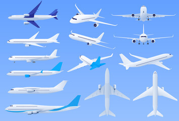 Planes on a blue background in different angles.