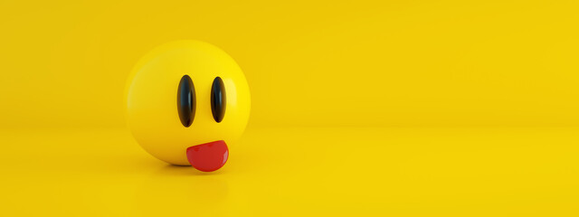 emoticon with tongue over yellow background, 3d rendering, panoramic image