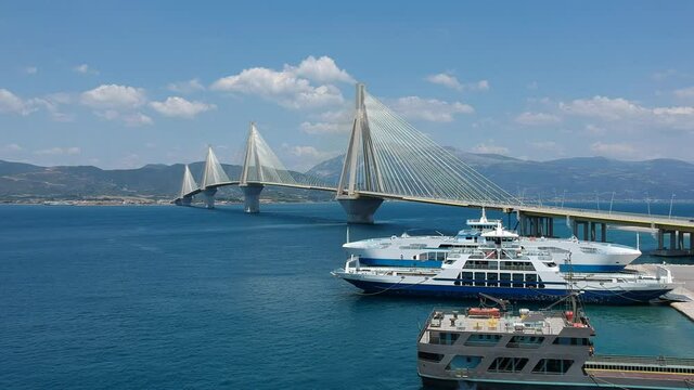 Aerial view of Rio Antirrio or Charilaos Trikoupis Bridge near Patra City, Greece