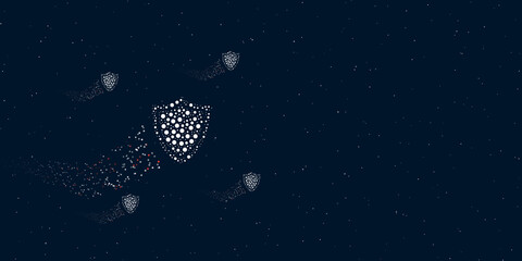 A shield symbol filled with dots flies through the stars leaving a trail behind. Four small symbols around. Empty space for text on the right. Vector illustration on dark blue background with stars