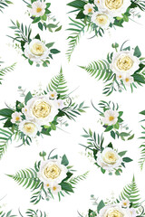 Materiał do szycia Elegant, vector, watercolor floral seamless pattern, wallpaper, background decorative texture. Light yellow white roses, camellia flowers, greenery eucalyptus, green fern leaves, natural herbs bouquet