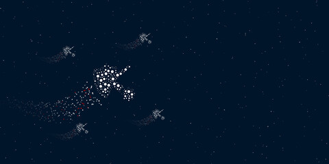 A virus bounces off the shield symbol filled with dots flies through the stars leaving a trail behind. There are four small symbols around. Vector illustration on dark blue background with stars