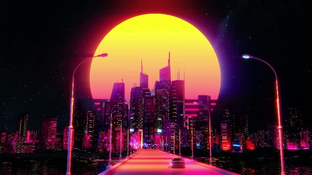 Vintage video game background, car riding into night city with pinkish moon