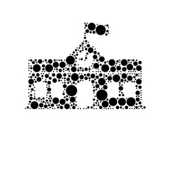 A large school building symbol in the center made in pointillism style. The center symbol is filled with black circles of various sizes. Vector illustration on white background