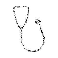 A large stethoscope symbol in the center made in pointillism style. The center symbol is filled with black circles of various sizes. Vector illustration on white background