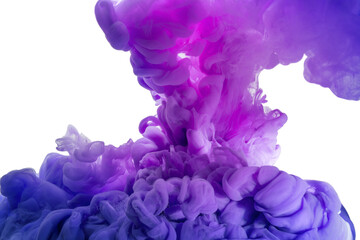 Abstract underwater ink cloud in purple colors gradient isolated on white background. Zero gravity liquid swirling in water.