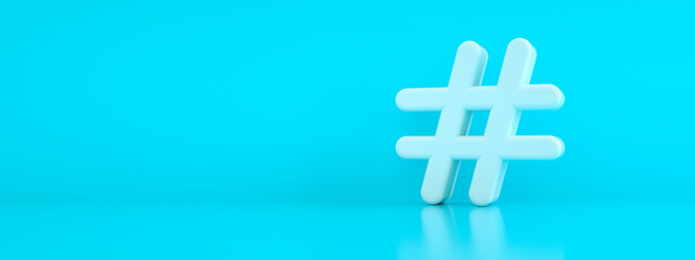 hashtag 3d rendering over blue background, panoramic mock-up