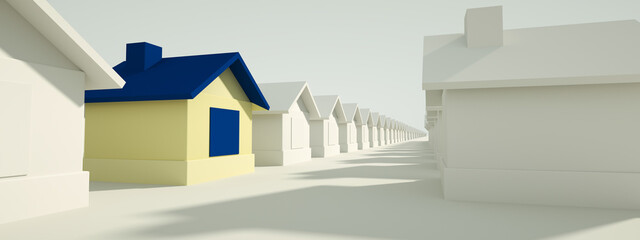 blue house among white houses. Hunting and searching concept. 3D Rendering, panoramic image