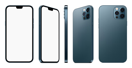 smartphone blue color with blank touch screen saver isolated on white background. mockup of realistic and detailed mobile phone. stock vector 3d isometric illustration