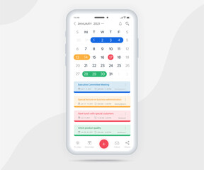 Calendar app light mode concept, Mobile activity calendar template UI UX design, Smartphone calendar schedule application, Calendar of events, Appointment schedule, Event app, Vector illustration tech