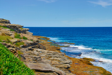 Beautiful view of the eastern Pacific coast on a bright summer day near Bondi Beach, Australia.