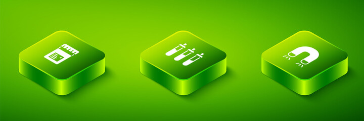 Set Isometric Reagent bottle, Magnet and Jar with additives icon. Vector