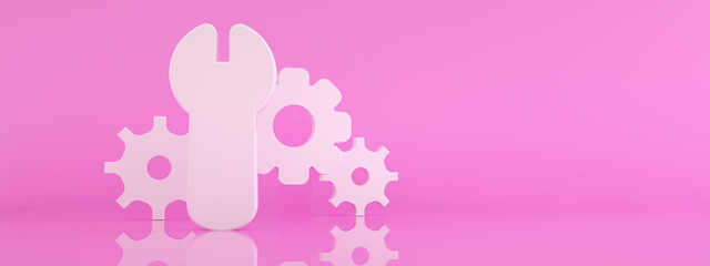 Wrench and gear icon over pink background, repair concept, 3d render, panoramic mock-up