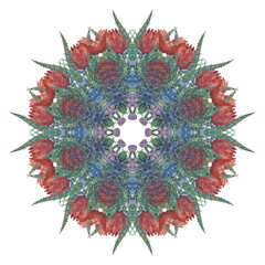 Tulips and leaves pointillism round pattern - Abstract floral ornament isolated on white background