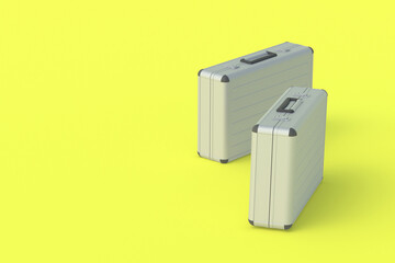 Metal suitcases for money or documents on yellow background. 3d render