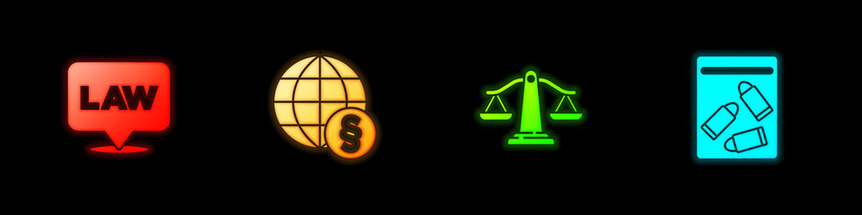 Set Location law, International, Scales of justice and Evidence bag and bullet icon. Vector