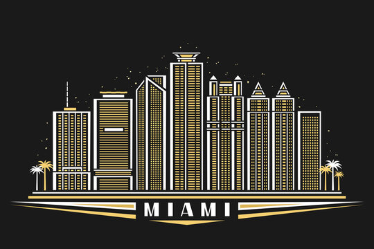 Vector illustration of Miami, horizontal poster with outline design illuminated miami city scape, american urban line art concept with decorative lettering for word miami on dark dusk background.