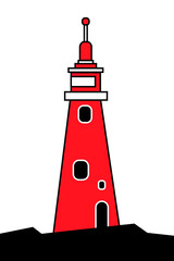 Lighthouse icon design. Vector illustration of a red and white lighthouse building. For the design of souvenir products, postcards, posters and application on T-shirts