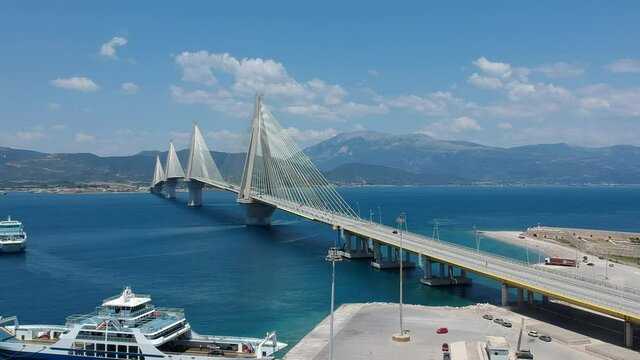 Aerial view of Rio Antirrio or Charilaos Trikoupis Bridge near Patra City, Greece