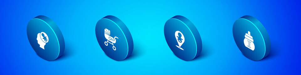Set Isometric Baby dummy pacifier, , bottle and stroller icon. Vector