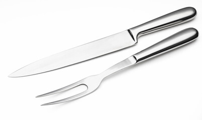 Modern stainless steel knife and fork for carving meats (cutlery for carving) (kitchen objects...