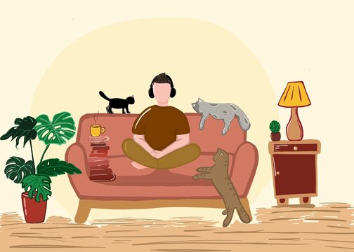 A man is sitting on a couch, listening to music on headphones, with a book and a cup of hot coffee next to him. Also in the image is a cat. The concept of coziness, relaxation .