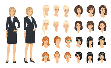Set of business woman different hairstyles and head turn.