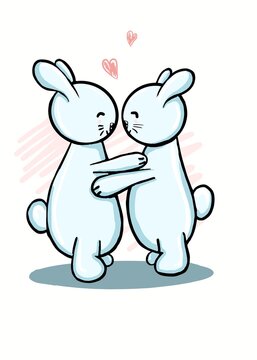 Two cute blue rabbits hugging. Vector image on white background. Concept of love.