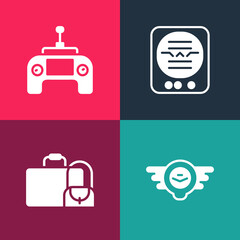 Obraz premium Set pop art Aviation emblem, Suitcase, Attitude indicator and Drone remote control icon. Vector