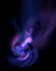 Fictional violet flame and smoke in deep dark space. Virtual reality illustration. Cluster of stars, magic spirit or cosmic infinity representation. Great as background or fragment of design.