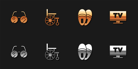 Set Eyeglasses, Wheelchair, Slippers and Smart Tv icon. Vector